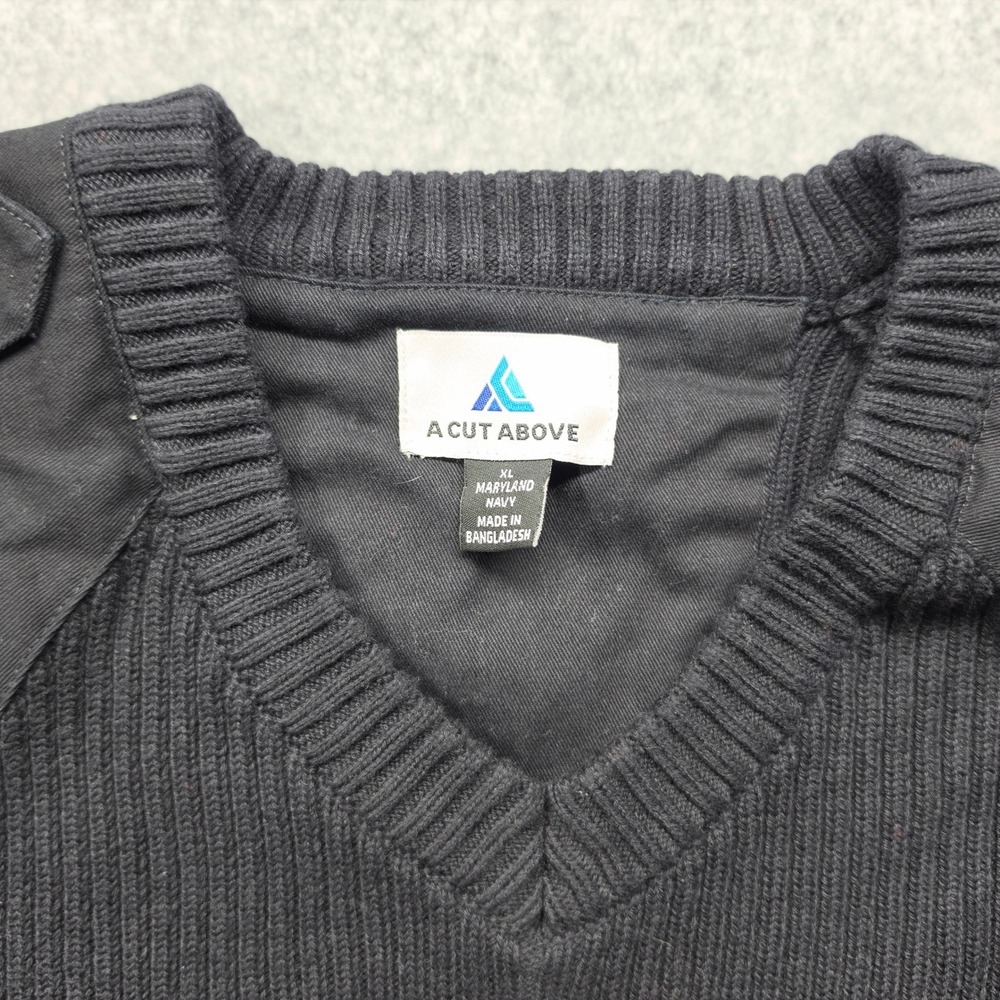 A Cut Above Maryland Navy Ribbed V-Neck Sweater Mens XL Epaulets Tactical Blue